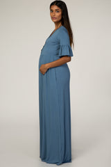 Dusty Blue Button Ruffle Sleeve Maternity Maxi Dress