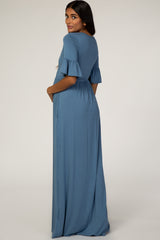 Dusty Blue Button Ruffle Sleeve Maternity Maxi Dress