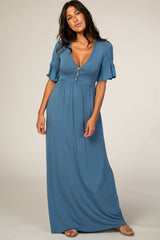 Dusty Blue Button Ruffle Sleeve Maternity Maxi Dress