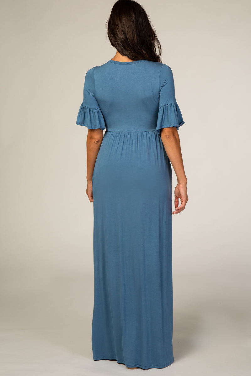 Dusty Blue Button Ruffle Sleeve Maxi Dress – PinkBlush