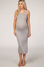 Taupe Black Striped Ribbed Maternity Midi Dress