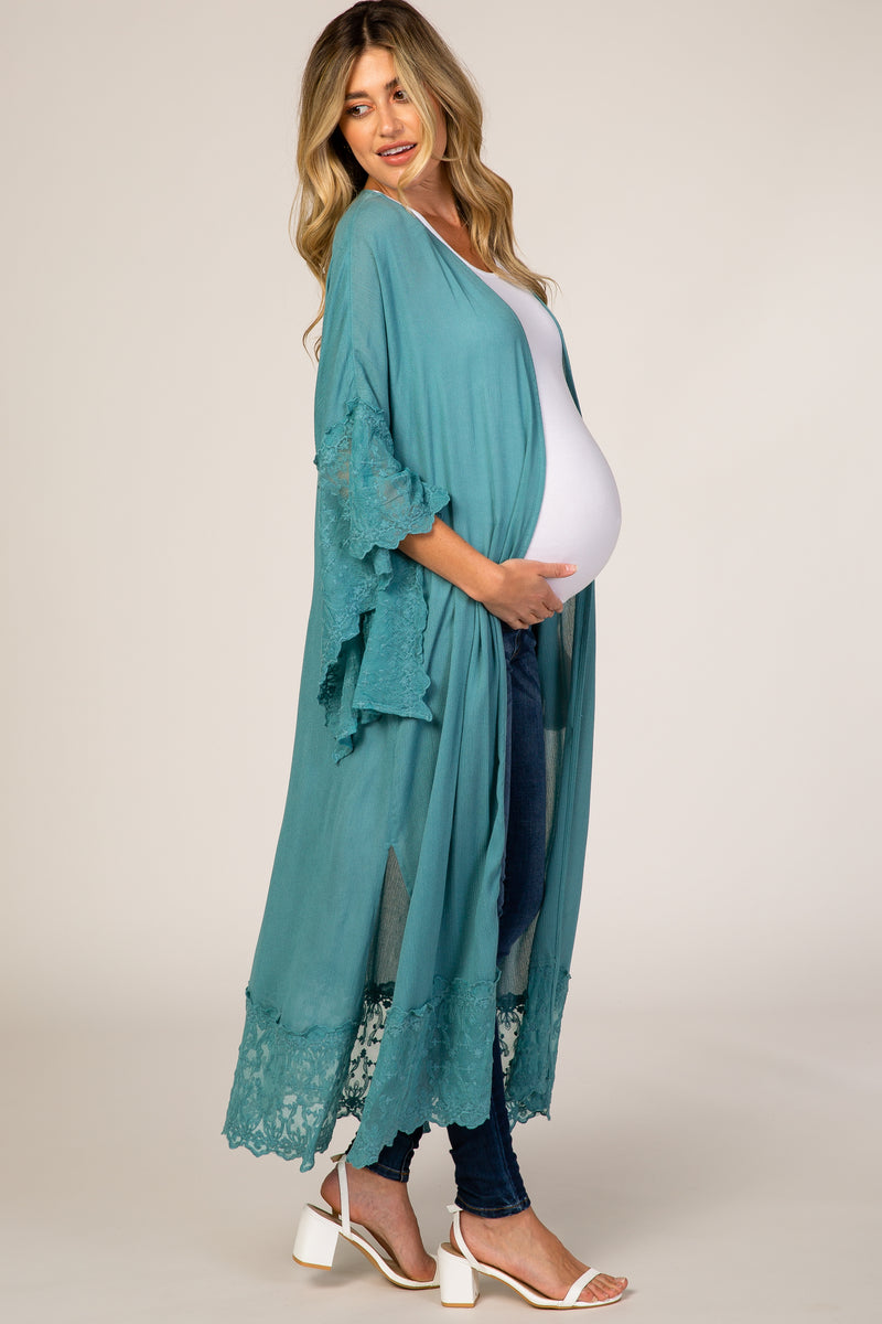 Teal Long Sleeve Lace Trim Maternity Cover Up– PinkBlush