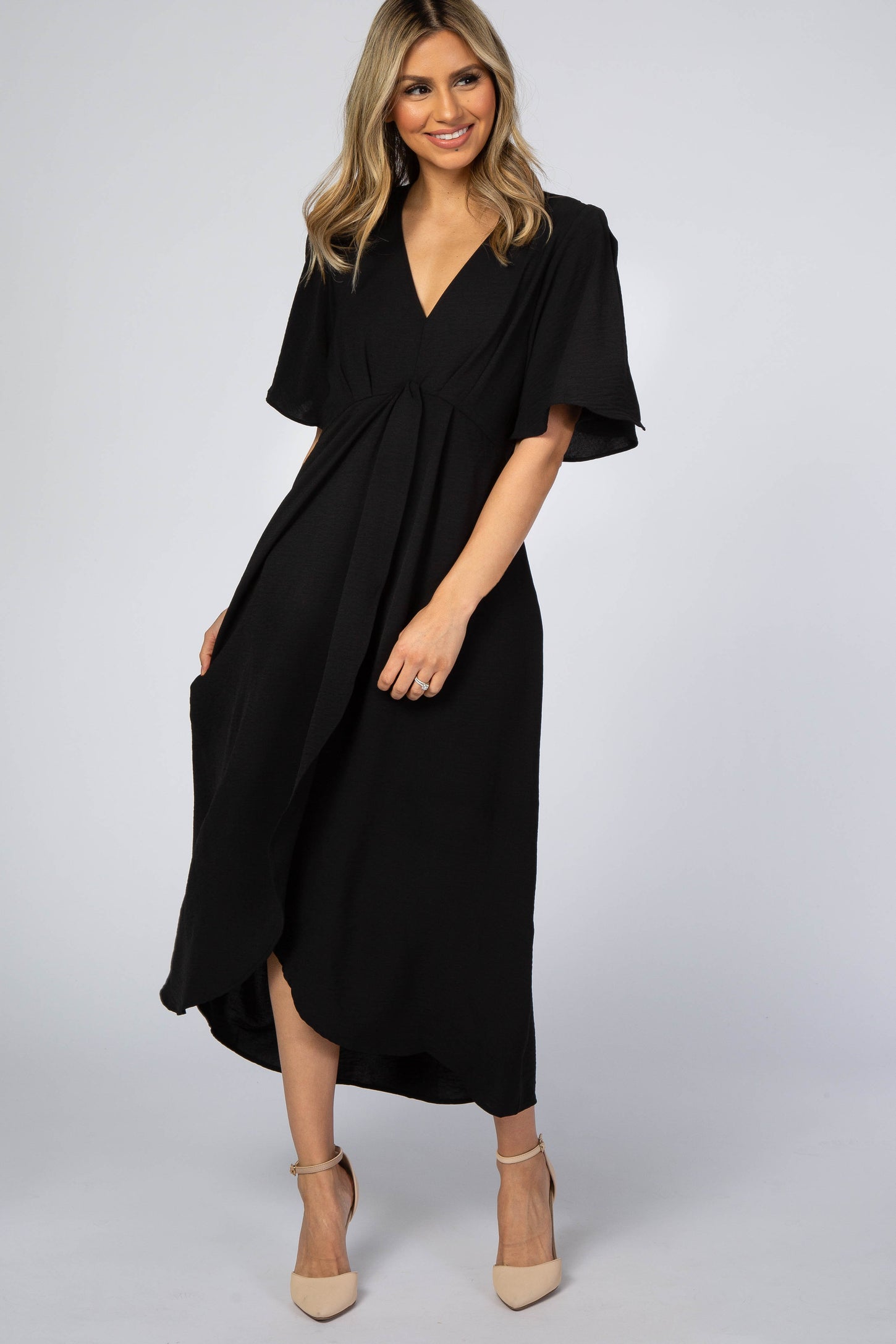 Black Open Sleeve Maternity Wrap Midi Dress– PinkBlush