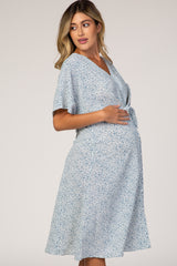 Blue Printed V-Neck Drop Shoulder Maternity Dress