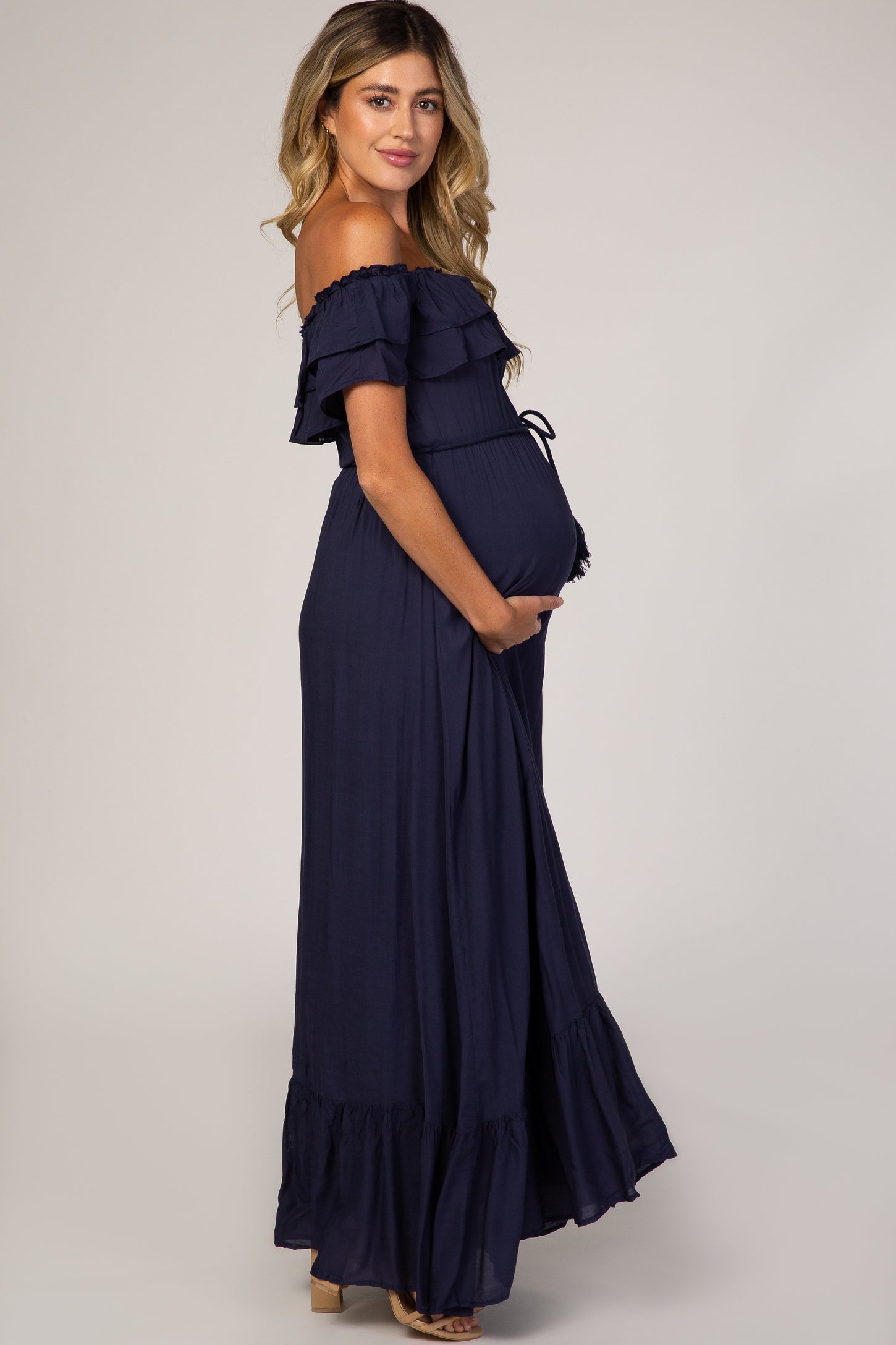 Navy Blue Off Shoulder Tassel Tie Maternity Maxi Dress– PinkBlush