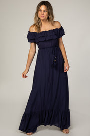 Navy Blue Off Shoulder Tassel Tie Maxi Dress