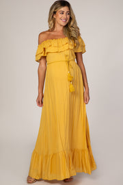 Yellow Off Shoulder Tassel Tie Maternity Maxi Dress