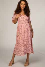 Pink Floral Tie Sleeve Maternity Midi Dress