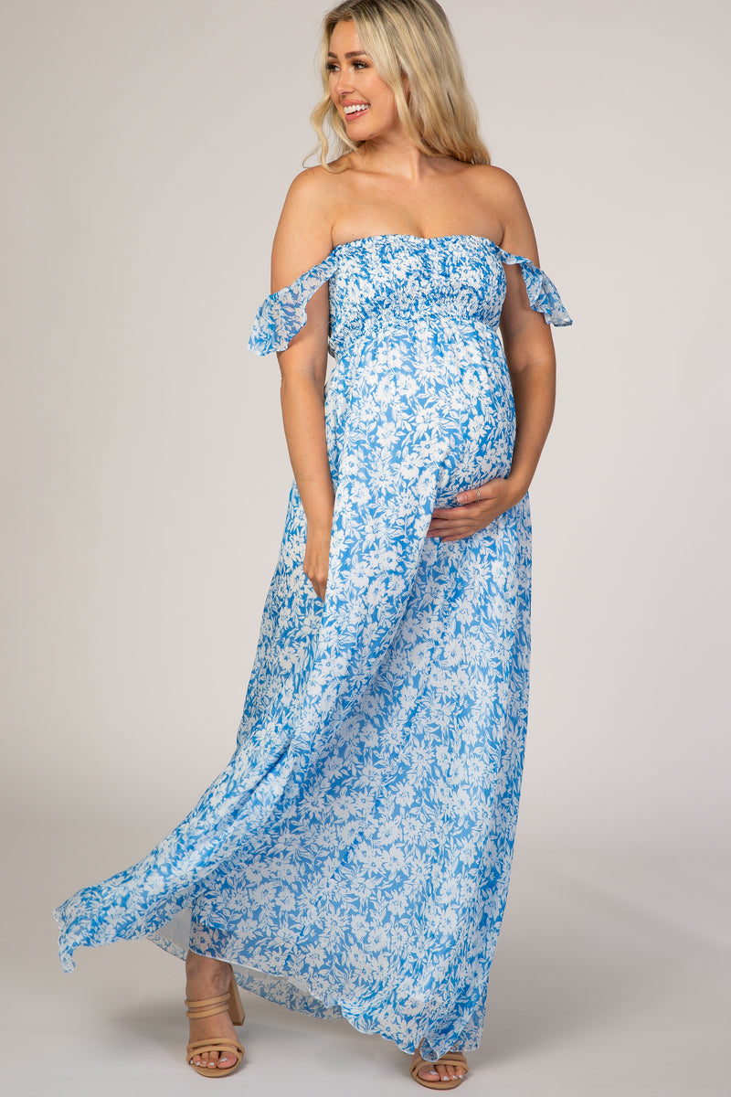 Blue Floral Flutter Sleeve Maternity Maxi Dress – PinkBlush