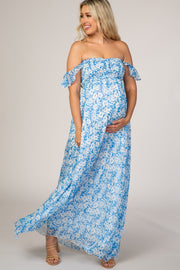 Blue Floral Flutter Sleeve Maternity Maxi Dress