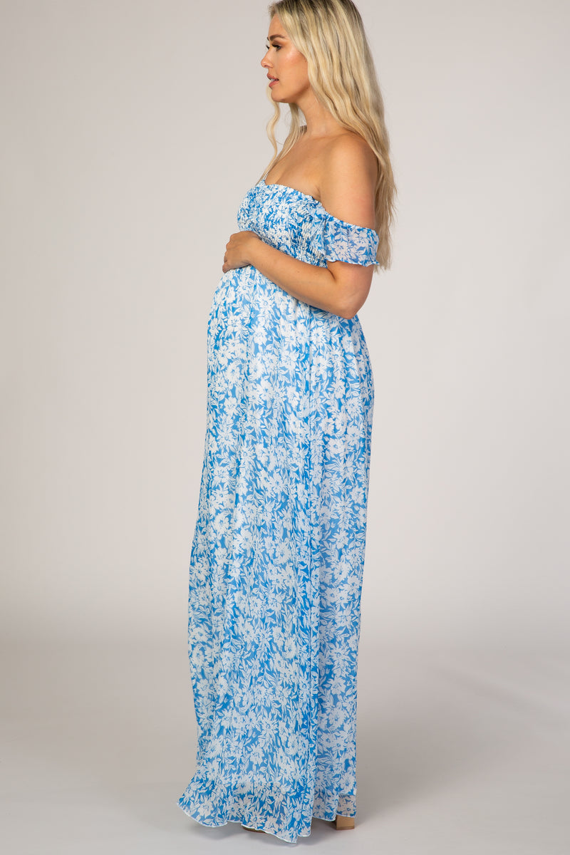 Blue Floral Flutter Sleeve Maternity Maxi Dress – PinkBlush