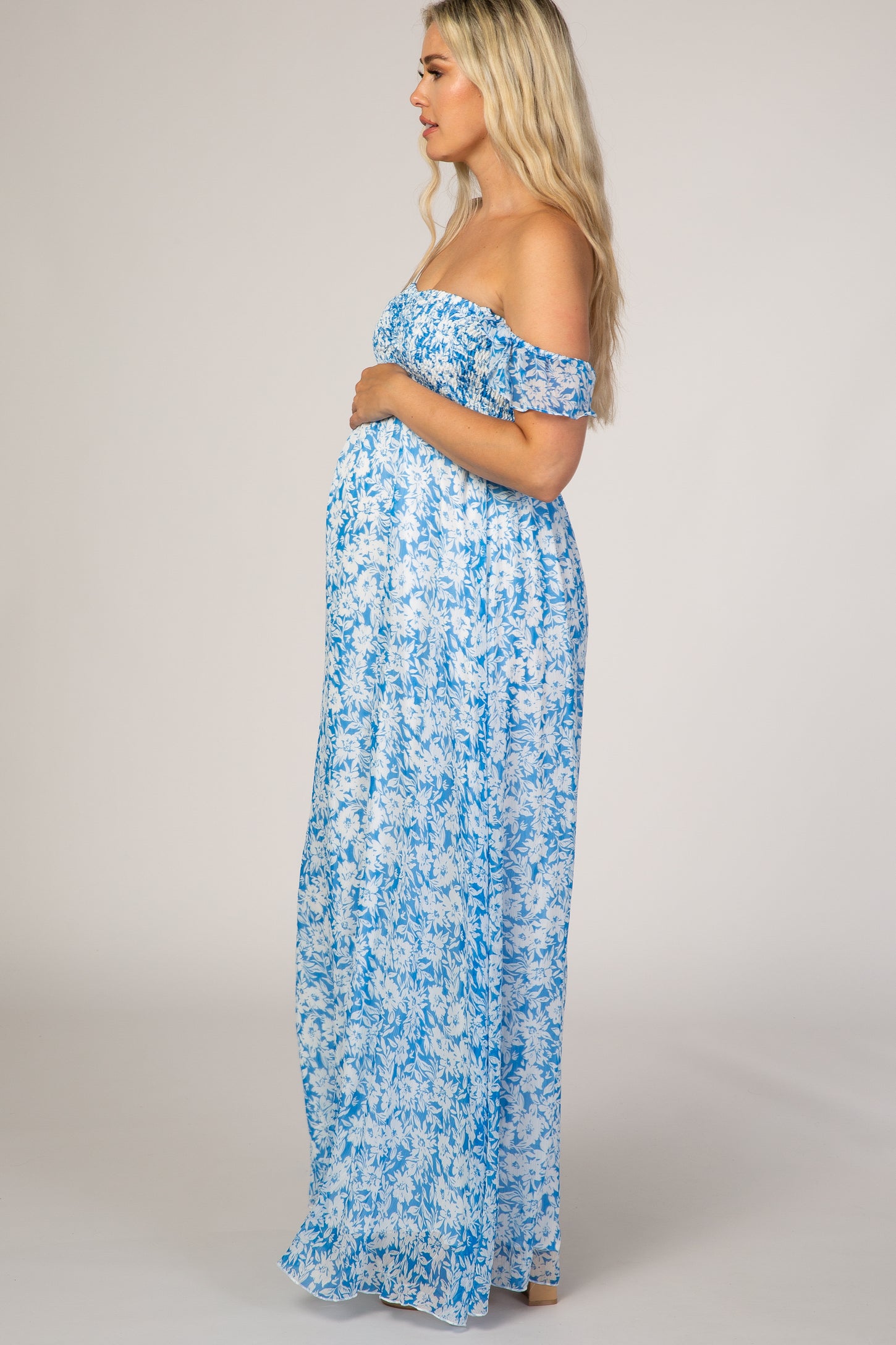 Blue Floral Maxi Dress With Cut Outs And Slit