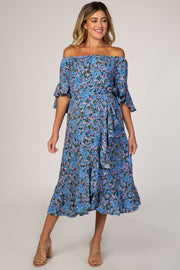 Blue Floral Off Shoulder Ruffle Maternity Dress