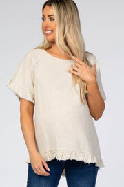 Beige Short Sleeve Fringe Ruffle Trim Maternity Blouse