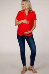 Red Solid Chiffon V-Neck Maternity Top