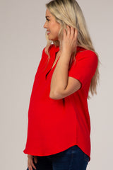 Red Solid Chiffon V-Neck Maternity Top