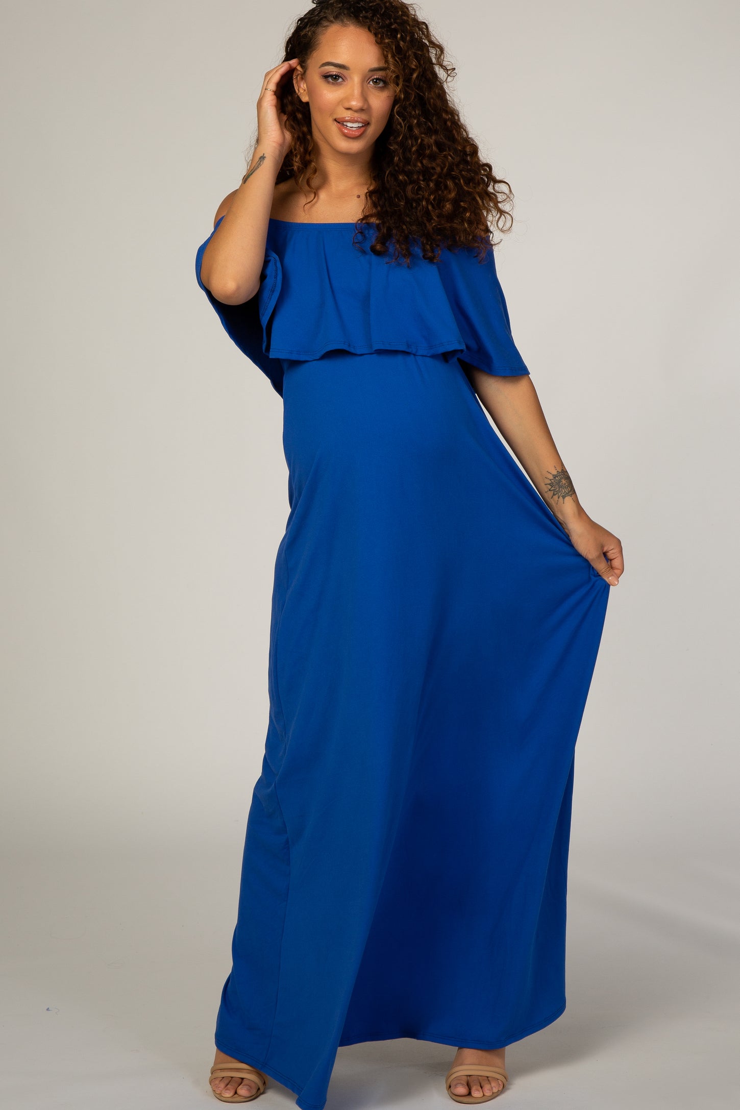 Royal Blue Off Shoulder Maxi Maternity Dress– PinkBlush
