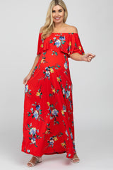 Red Floral Off Shoulder Flounce Maternity Maxi Dress