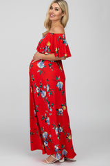 Red Floral Off Shoulder Flounce Maternity Maxi Dress