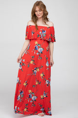 Red Floral Off Shoulder Flounce Maxi Dress