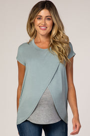 Dusty Green Layered Wrap Front Maternity/Nursing Top