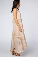 Beige Halter Neck Ruffle Trim Maxi Dress