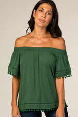 Forest Green Off Shoulder Pom Pom Hem Top