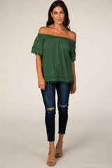 Forest Green Off Shoulder Pom Pom Hem Top