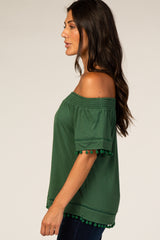 Forest Green Off Shoulder Pom Pom Hem Top