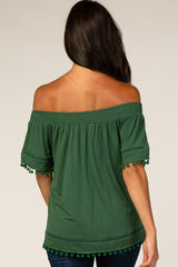 Forest Green Off Shoulder Pom Pom Hem Top