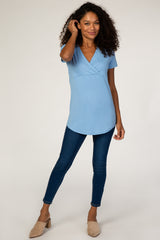 Blue Short Sleeve Wrap Maternity Nursing Top