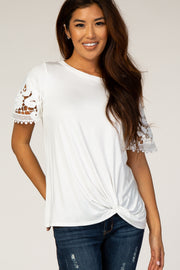 White Crochet Sleeve Knotted Hem Top