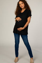 Black Cuffed Sleeve Basic Maternity Tee