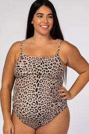 Beige Cheetah Print One-Piece Maternity Plus Swimsuit