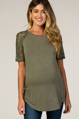 Olive Lace Sleeve Short Sleeve Maternity Top