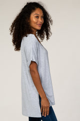 Grey V-Neck Cuffed Short Sleeve Top