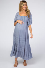 Blue Crochet Front Square Neck Back Cutout Maternity Maxi Dress