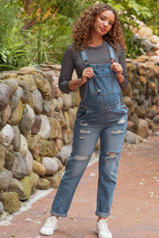 Medium Wash Distressed Maternity Denim Overalls