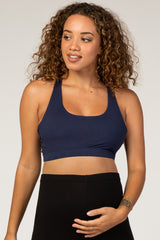 Navy Blue Mesh Insert Racerback Maternity Sports Bra