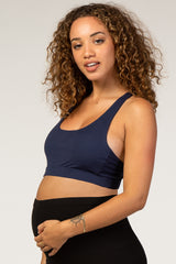 Navy Blue Mesh Insert Racerback Maternity Sports Bra