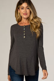 Charcoal Button Accent Long Sleeve Maternity Top