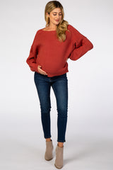 Rust Off Shoulder Bubble Sleeve Maternity Sweater