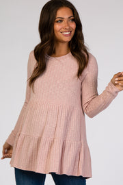 Mauve Textured Rib Tiered Long Sleeve Maternity Top