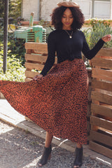 Rust Pleated Animal Print Maxi Skirt