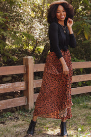 Rust Pleated Animal Print Maxi Skirt