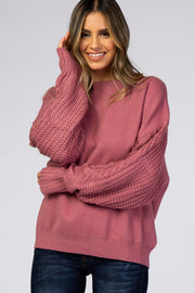 Mauve Cable Knit Sleeve Mock Neck Sweater