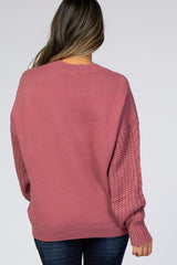 Mauve Cable Knit Sleeve Mock Neck Sweater