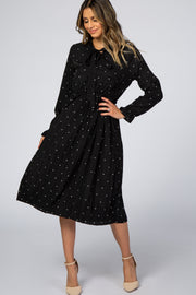 Black Polka Dot Front Tie Pleated Midi Dress