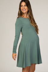 Sage Ruched Sleeve Maternity Swing Dress