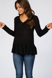 Black Waffle Knit Ruffle Peplum Maternity Top